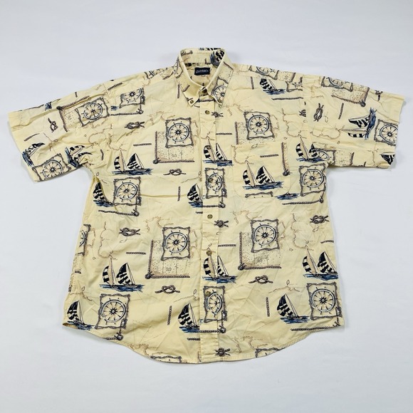 Vintage PURITAN Button Down Shirt Mens Size Large All Over Print Sail Boat Map - Picture 1 of 14